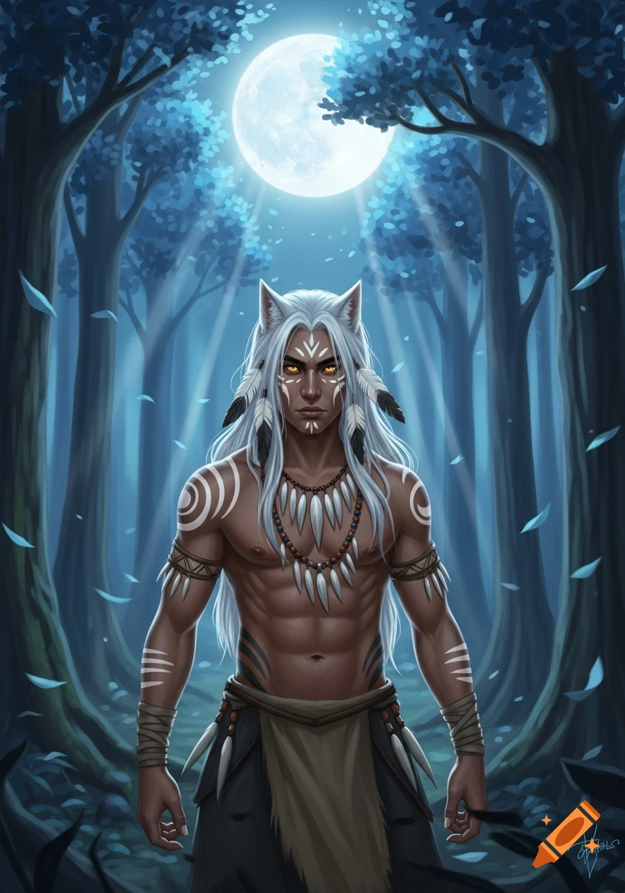 An indigenous young male werewolf hybrid with white hair, tribal markings, and feathers, standing in a moonlit blue forest.