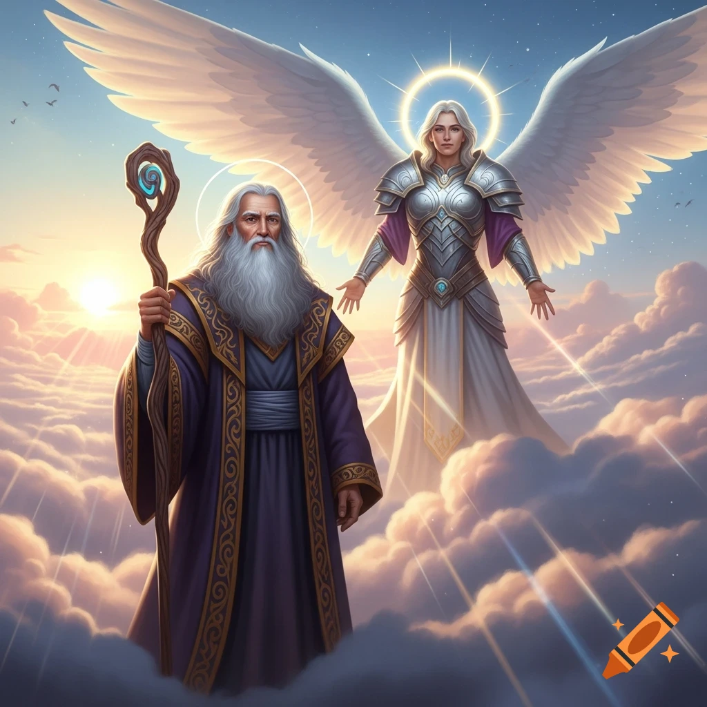 An elderly wizard with a staff and a female angel in armor stand among ...