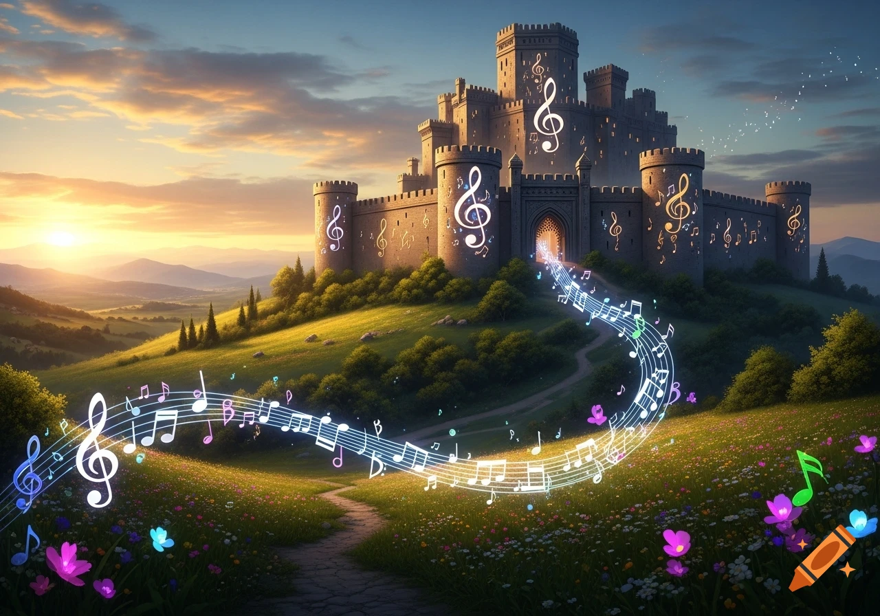 A fantasy castle sits on a green hill with colorful musical notes floating around it at sunset.