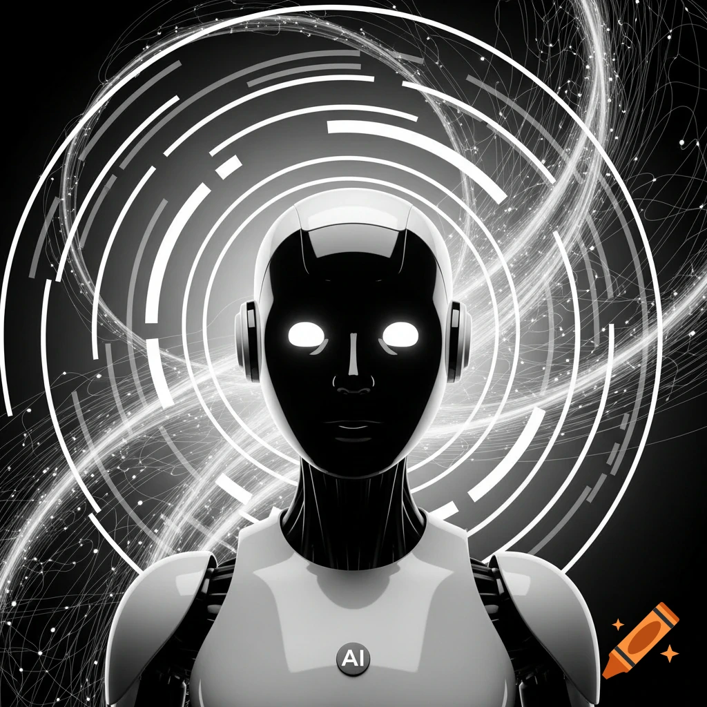 Black and white portrait of a futuristic robot with glowing eyes and "AI" on its chest, surrounded by swirling lines.