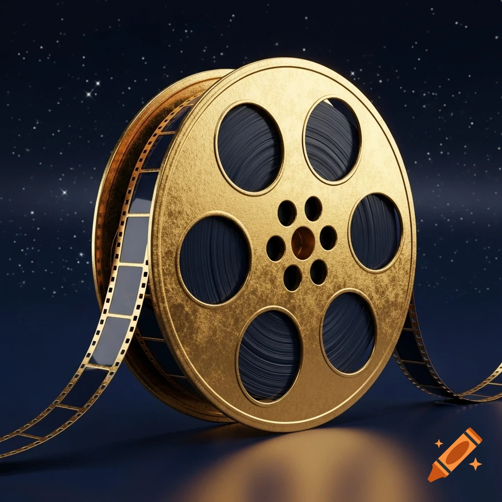 A golden film reel with dark film unwinding against a starry navy blue background, reflecting on a dark surface.