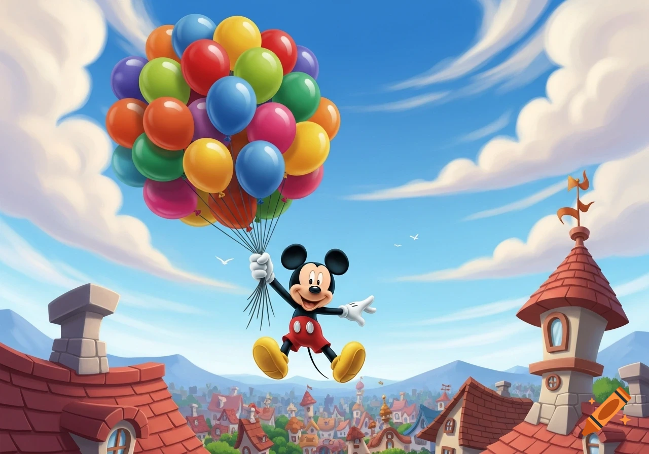 Mickey Mouse floats above a cartoon town, holding a large bunch of colorful balloons in a bright blue sky.