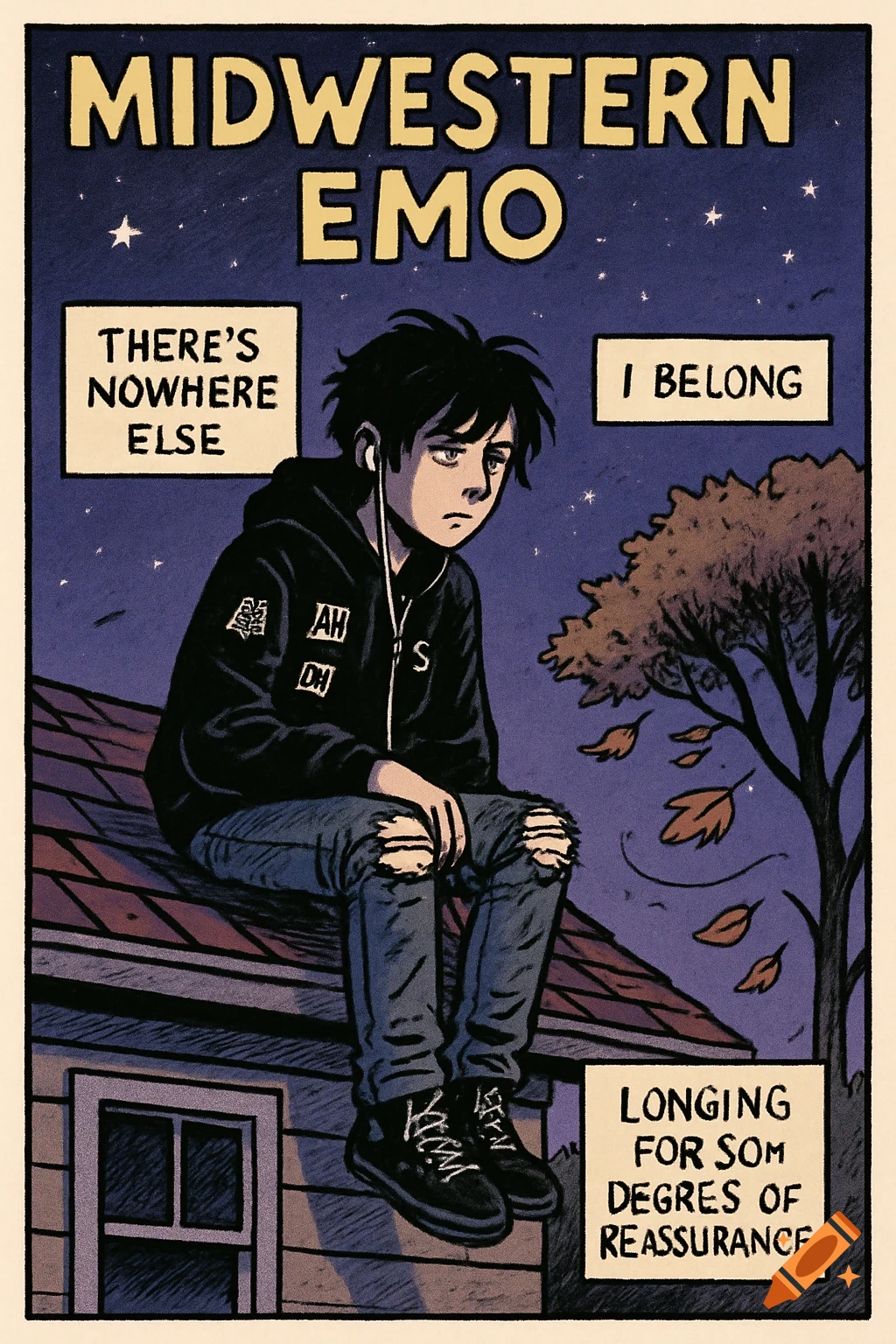 A melancholic emo person with earphones sits on a rooftop at night under a starry sky, with text bubbles in a comic book style.