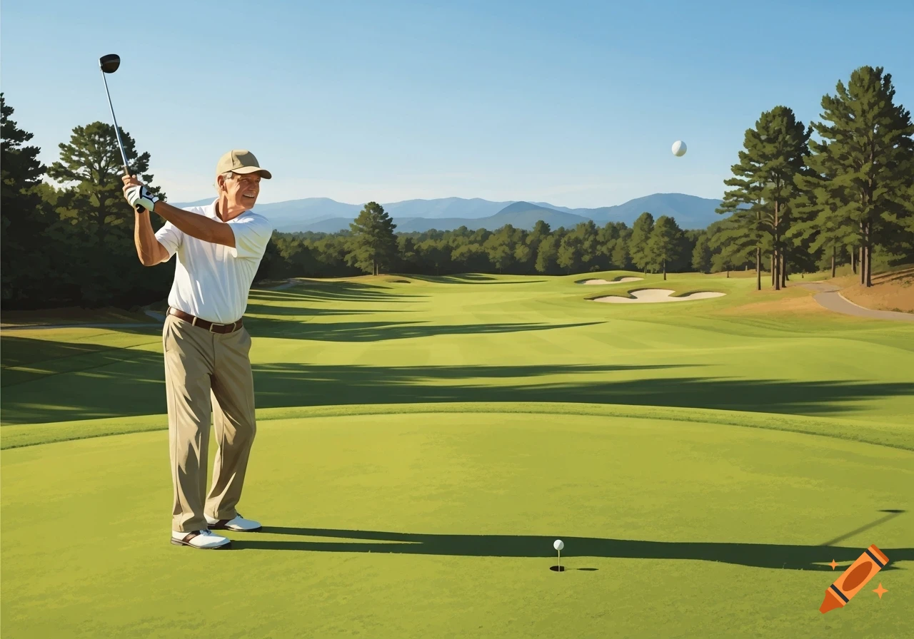 A man in a cap swings a golf club on a sunny green golf course, a ball in the air, with trees and mountains in the background.