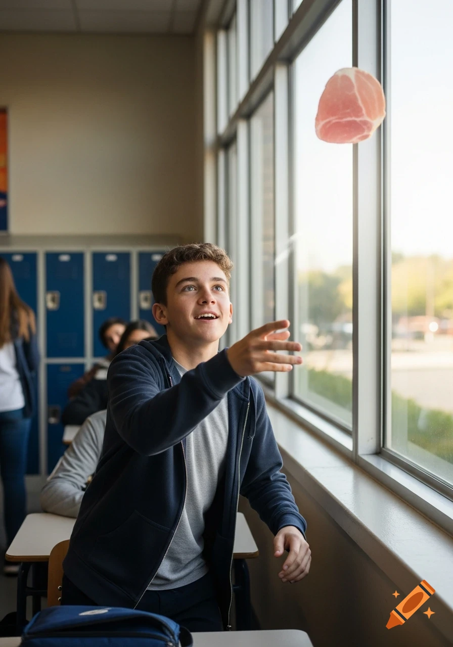 Smiling teenage boy in a school classroom throws a slice of ham towards a large window in a photorealistic style.