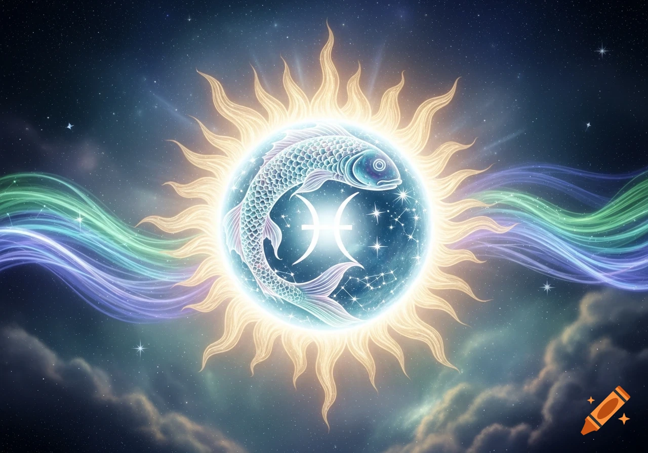 Stylized Pisces zodiac symbol with a fish and glyph on a glowing blue orb, surrounded by a golden sun, against a starry space background with ethereal light.