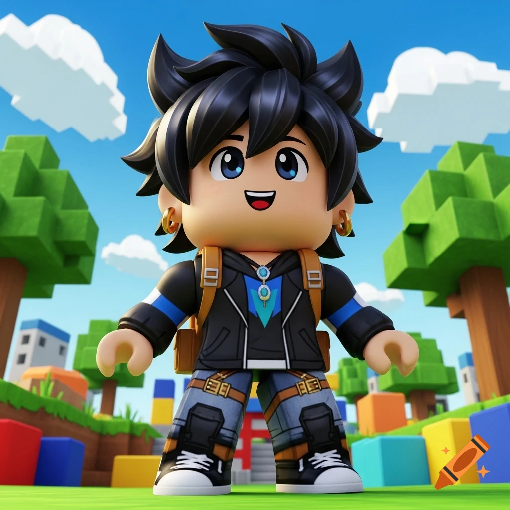 A cute, chibi-style character with black spiky hair and blue eyes, wearing a jacket and backpack, smiles in a vibrant blocky game world.