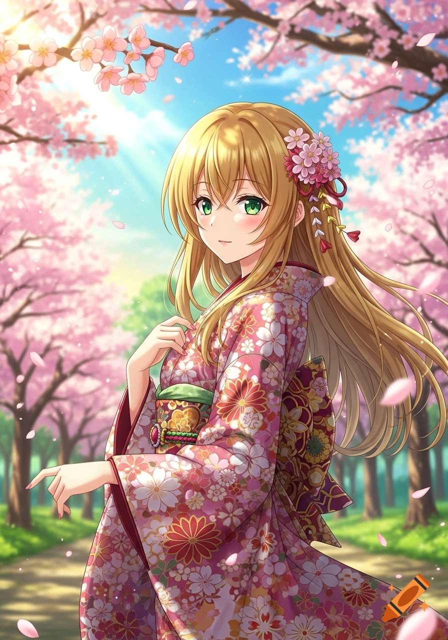 Anime girl with golden blonde hair and green eyes in a pink floral kimono, standing under blooming cherry blossoms, anime art style.