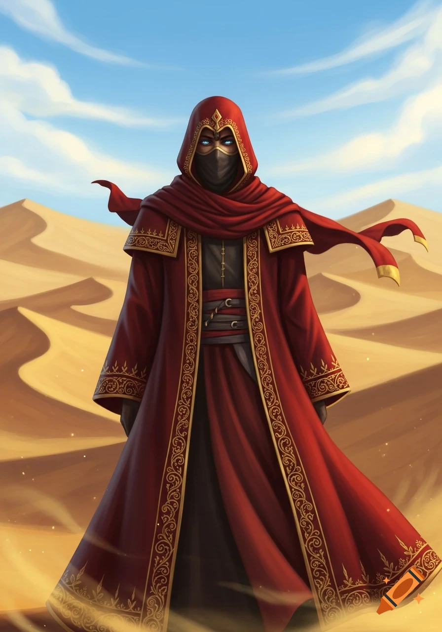A mysterious cloaked figure in a red robe with intricate gold trim and ...