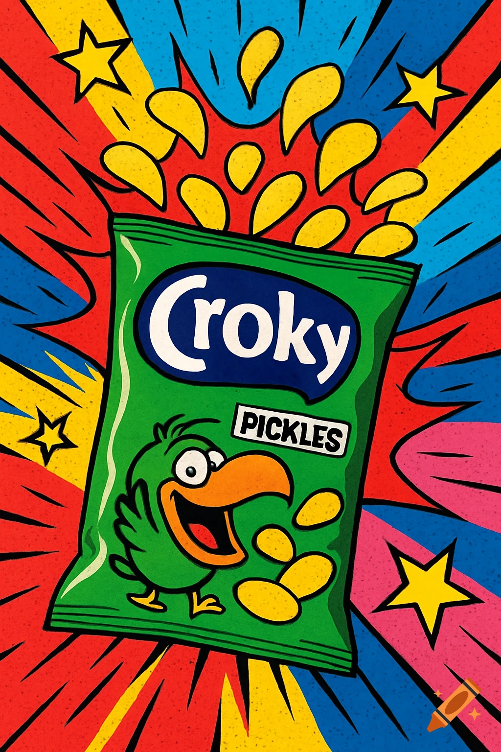 Pop Art comic illustration of a green Croky Pickles chips bag with a cartoon bird mascot, surrounded by chips, stars, and colorful rays.