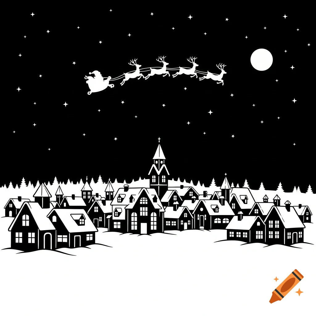 White on black stencil silhouette of Santa and his reindeer flying over a snowy Christmas village under a starry night sky with a full moon.