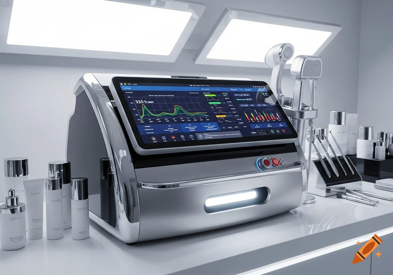 A photorealistic image of a futuristic aesthetic medical device with a large digital screen displaying data, surrounded by cosmetic products in a clean lab setting.