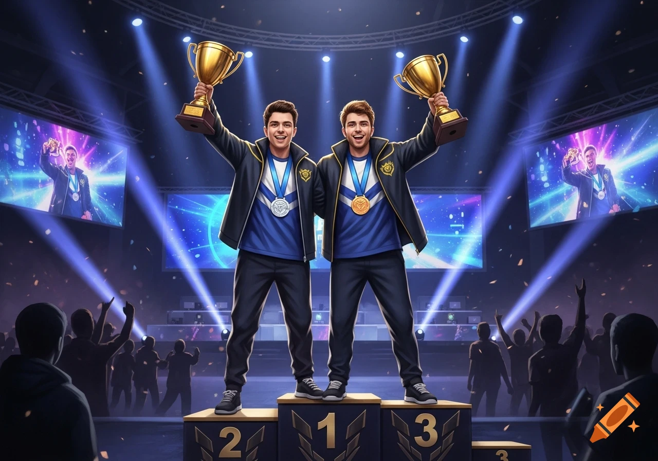Two smiling young men cheer on a spotlighted podium, holding gold trophies at a gaming tournament, with a crowd and screens in the background.