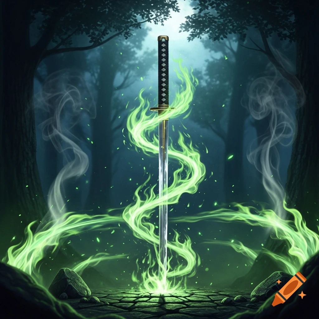 A katana-like sword stands upright in a dark forest, surrounded by swirling, glowing green fire and mist.