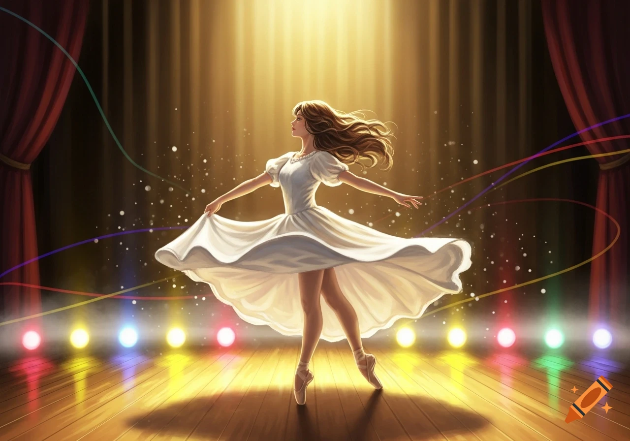 A graceful woman in a flowing white dress dances on a wooden stage under bright spotlights, surrounded by colored stage lights.
