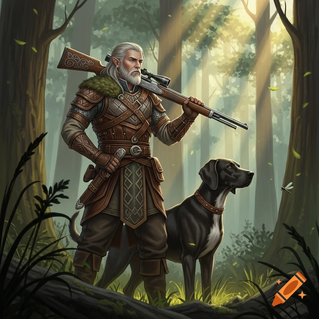 White-haired elf hunter with a rifle and a black dog stands in a sunlit forest, digital art.