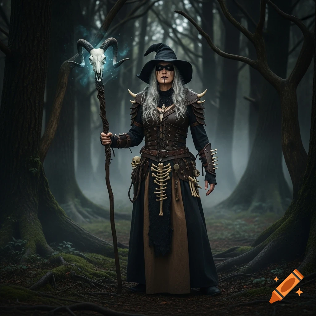 A dark fantasy image of a witch in leather armor and a hat, holding a staff with a glowing goat skull, in a misty forest.