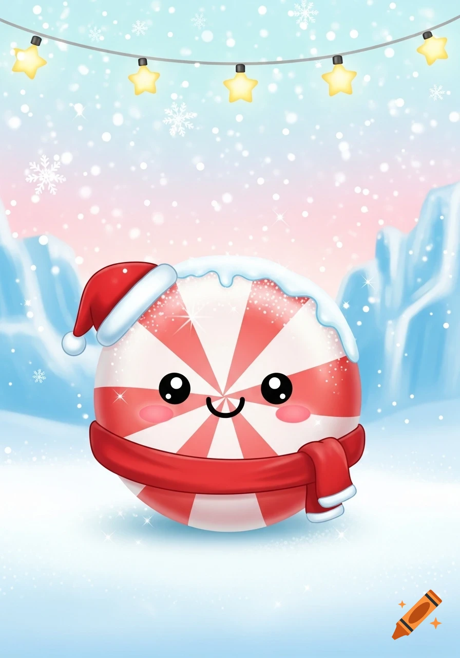 A cute kawaii peppermint candy wearing a Santa hat and red scarf in a snowy winter scene with star lights.