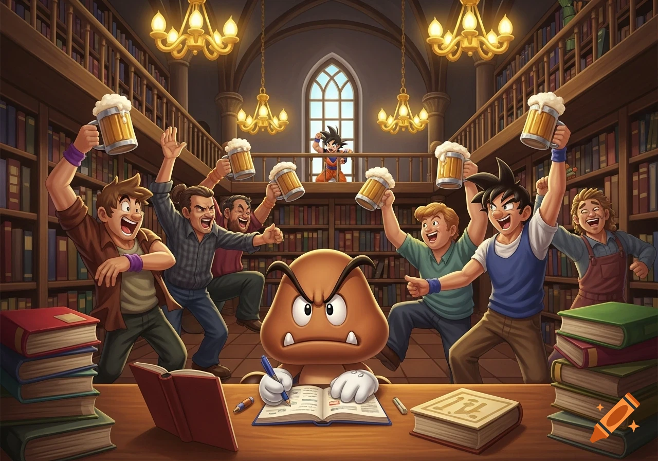 Cartoon Goomba studying at a desk in a grand library, surrounded by partying men holding beer, with Goku looking down from above.