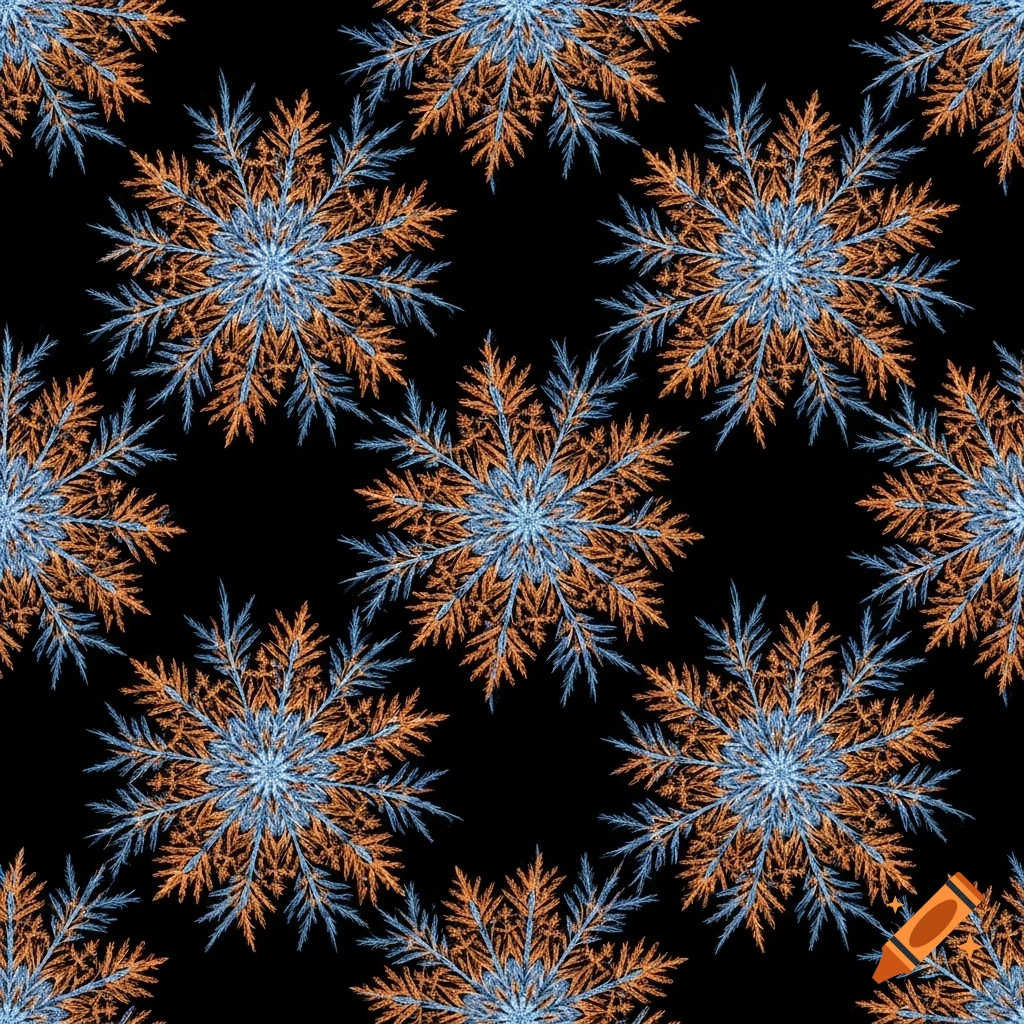 A seamless pattern of intricate blue and orange snowflake-like crystals on a black background.