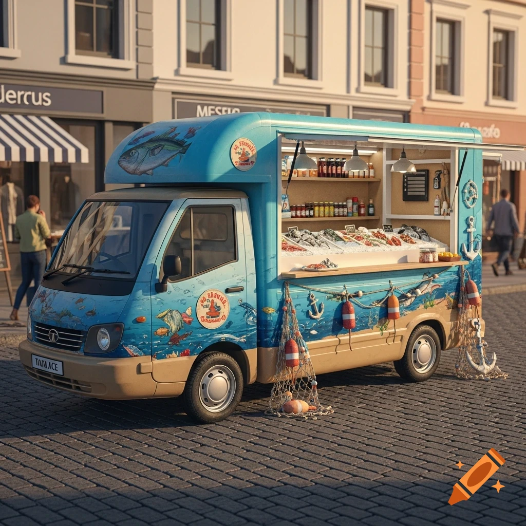 A blue and tan Tata Ace food truck, decorated with ocean scenes and fishing gear, operates as a mobile fish shop on a cobblestone street in a European-style town.