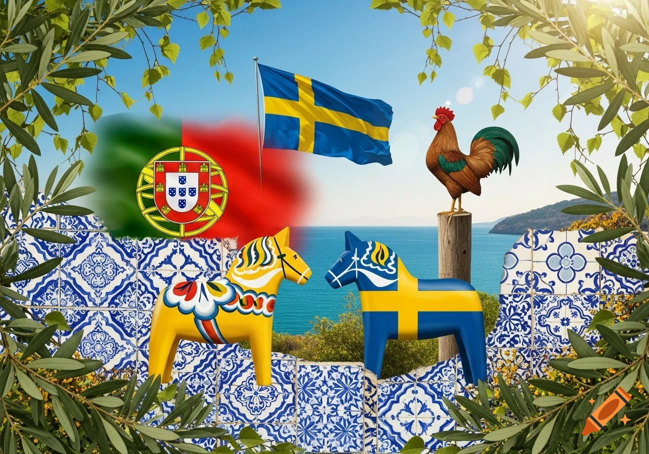 A collage featuring Portuguese and Swedish national symbols: flags, Dala horses, a rooster, and blue tiles, framed by foliage.
