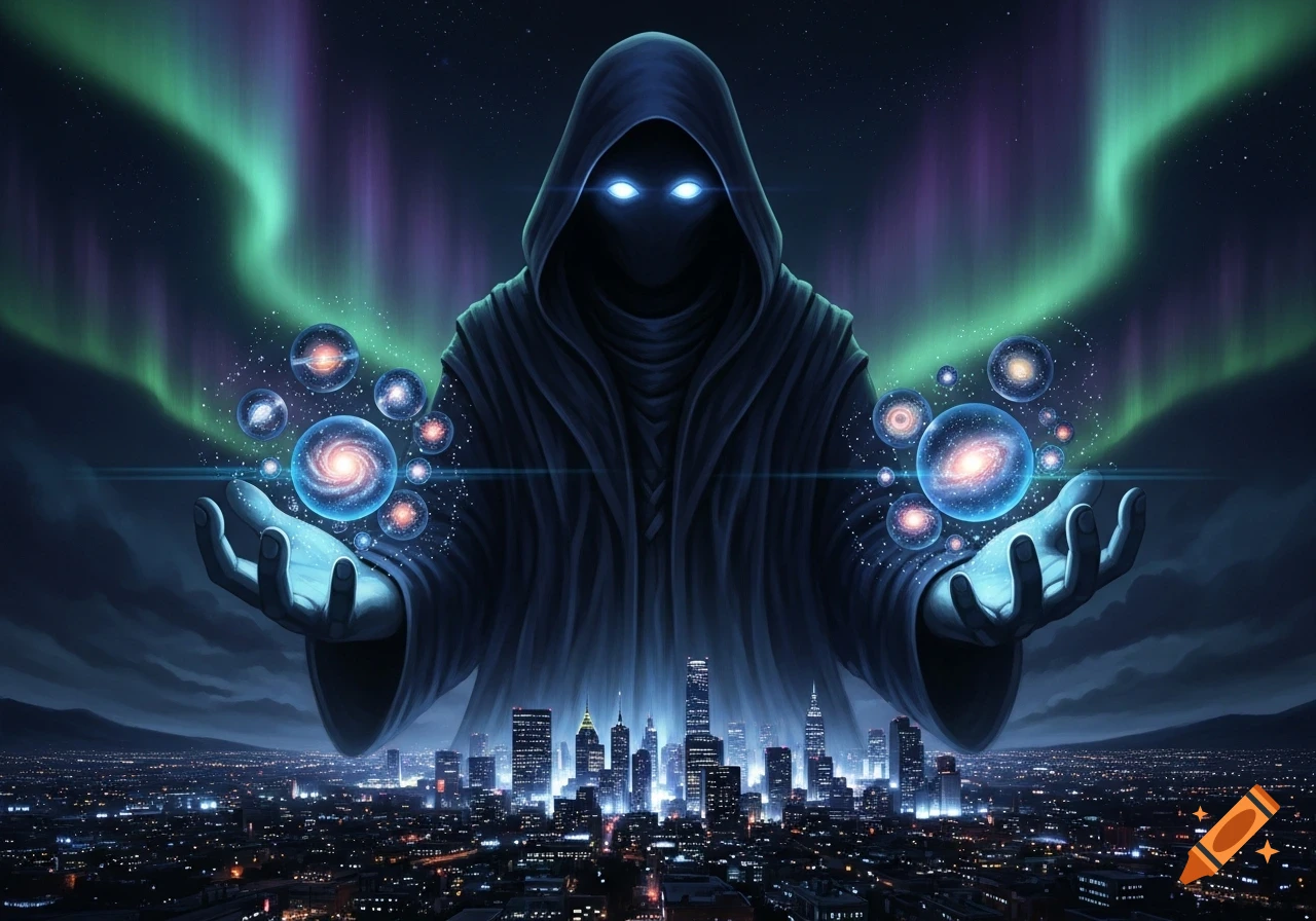 A dark hooded figure with glowing eyes holds cosmic orbs above a vast night city lit by green and purple aurora borealis.