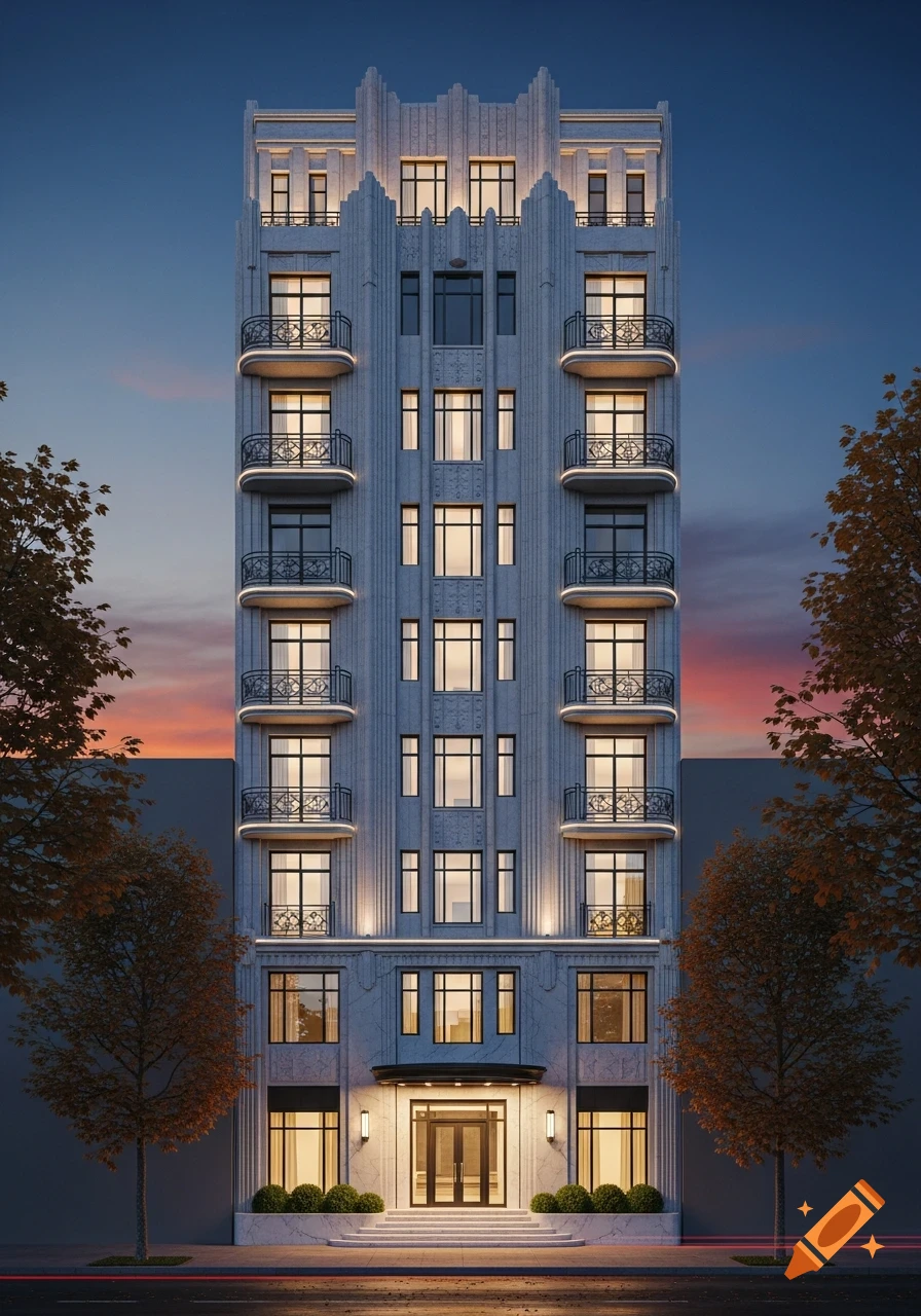 A tall, Art Deco style building with illuminated balconies and an ornate entrance at dusk, flanked by trees.