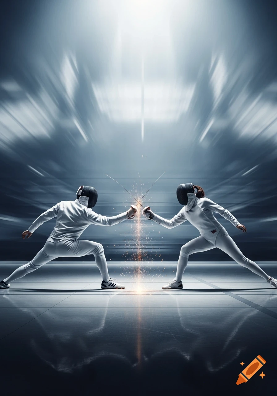 Two fencers in white uniforms and black masks clash epees, generating sparks in a dynamically blurred arena.
