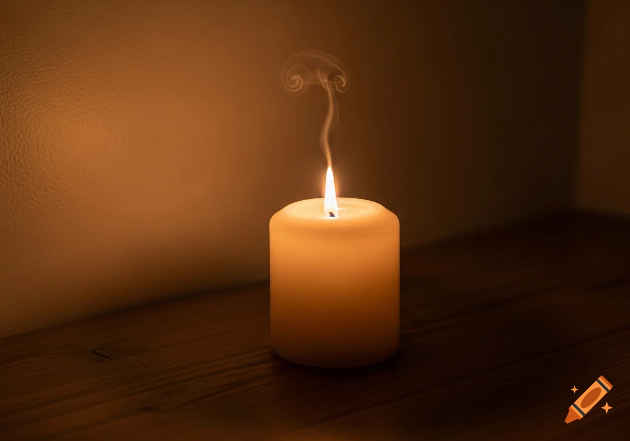 A single lit candle with a wisp of smoke rising from its flame, casting a warm glow on a wooden surface.