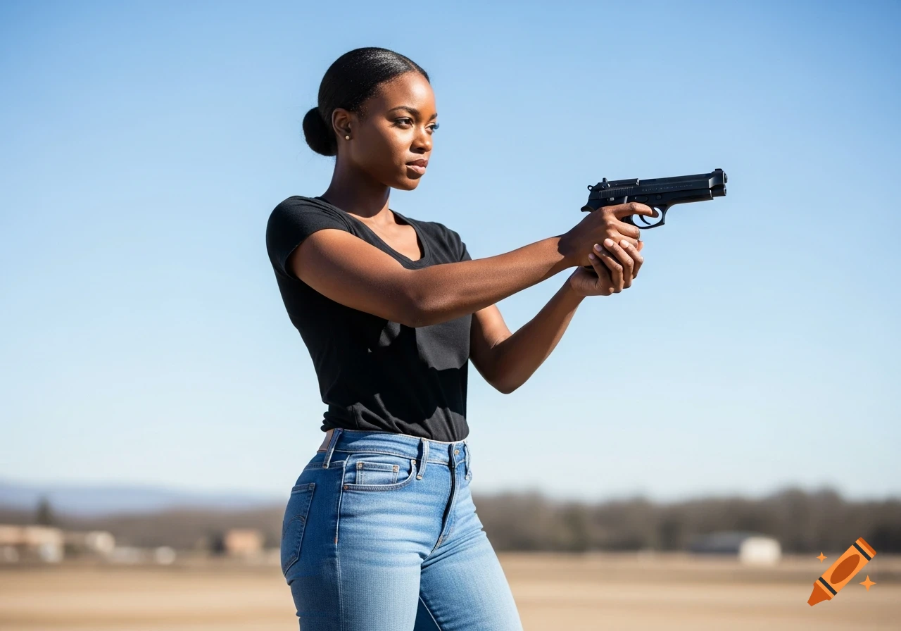 A beautiful black woman in a black t-shirt and blue jeans holds a Beretta pistol, aiming it in a photorealistic outdoor scene under a clear sky.
