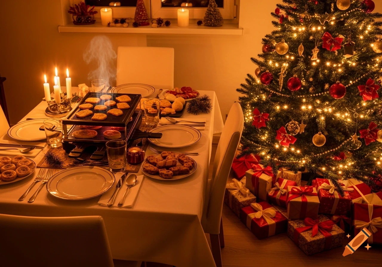A cozy Christmas Eve scene with a raclette grill on a set dinner table, lit by candles, next to a warmly lit Christmas tree with presents.