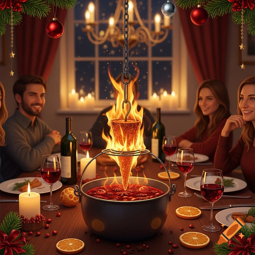 A festive Christmas dinner table with a fiery feuerzangenbowle centerpiece, surrounded by people, candles, wine, and holiday decorations.