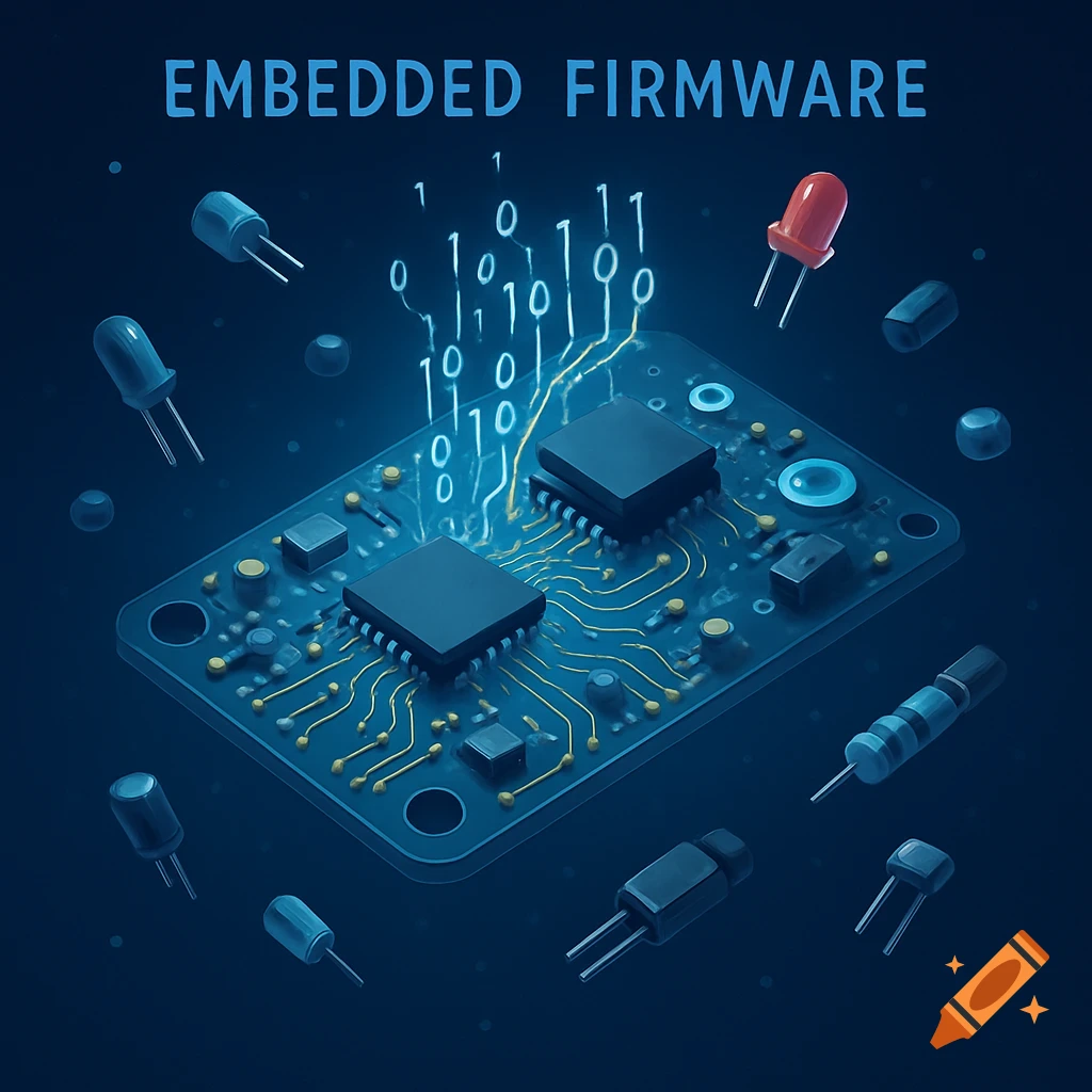 Stylized illustration of a circuit board with chips, electronic components, binary code, and 'EMBEDDED FIRMWARE' text against a blue background.