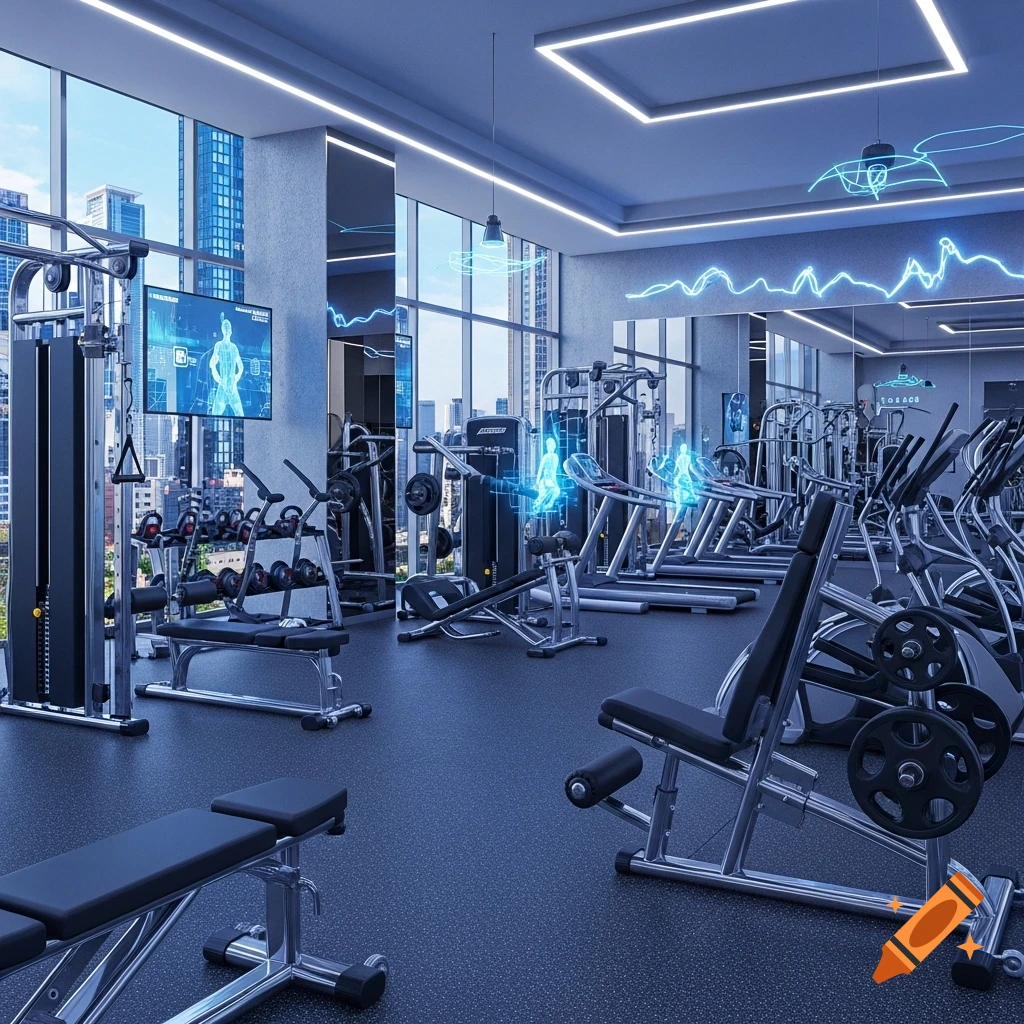 A modern, futuristic gym with various exercise machines and large ...