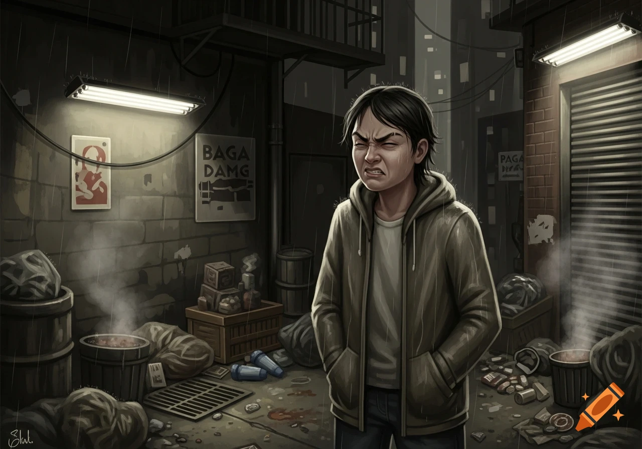 A young person with dark hair, wearing a hoodie, stands in a dirty, rainy city alleyway, their face contorted in an expression of disgust. Trash and posters cover the brick walls and ground.
