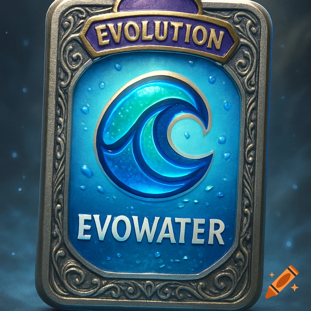 An ornate fantasy card with a metallic silver and gold border, featuring a glowing blue and teal wave symbol and text "EVOLUTION" and "EVOWATER".