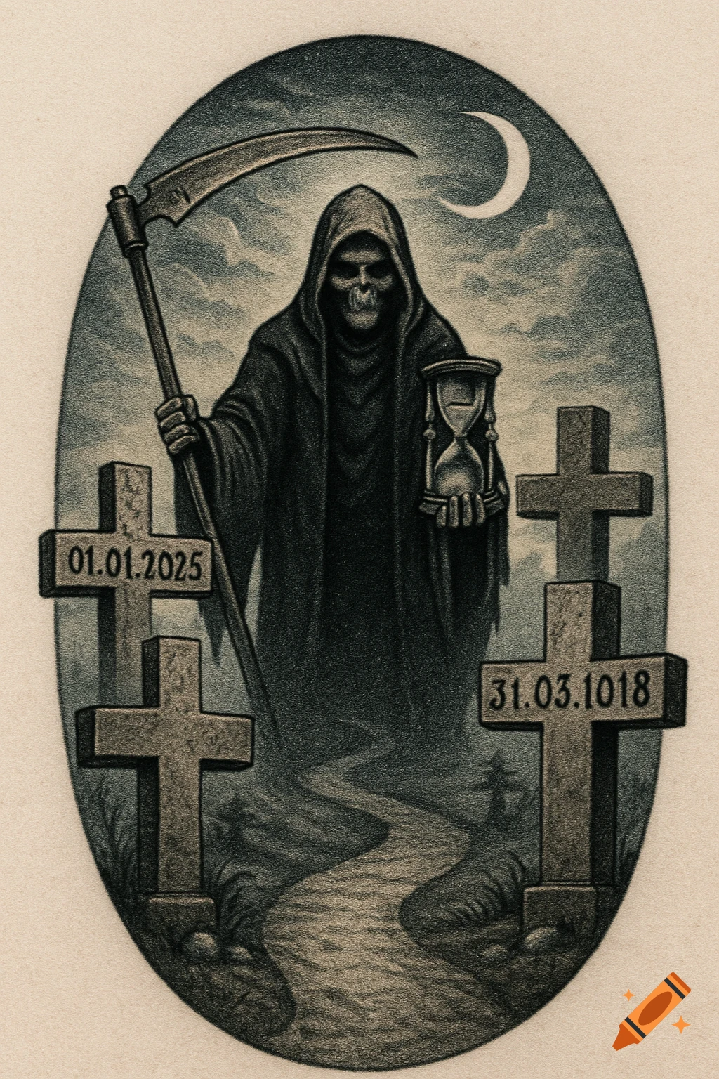 Dark, textured illustration of the Grim Reaper holding a scythe and hourglass, standing between gravestones with dates, under a crescent moon.