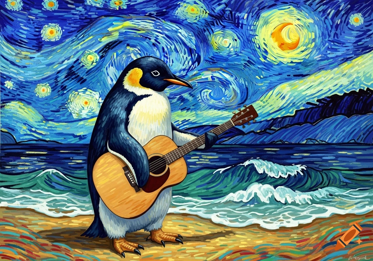 A penguin playing a guitar on a beach under a swirling, starry night sky, in the vibrant style of Van Gogh.