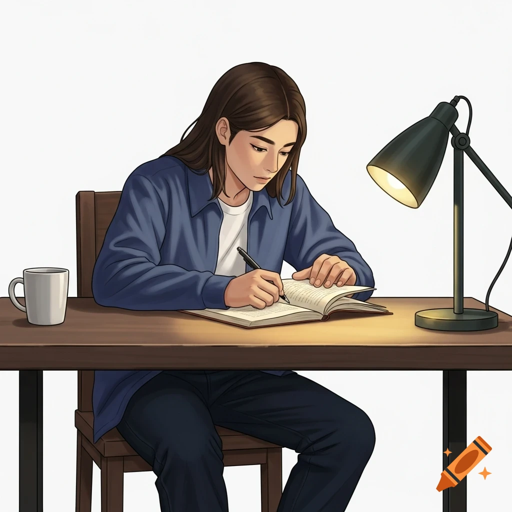 Illustration of a person with long brown hair writing in an open book at a wooden desk, illuminated by a desk lamp, with a mug nearby.
