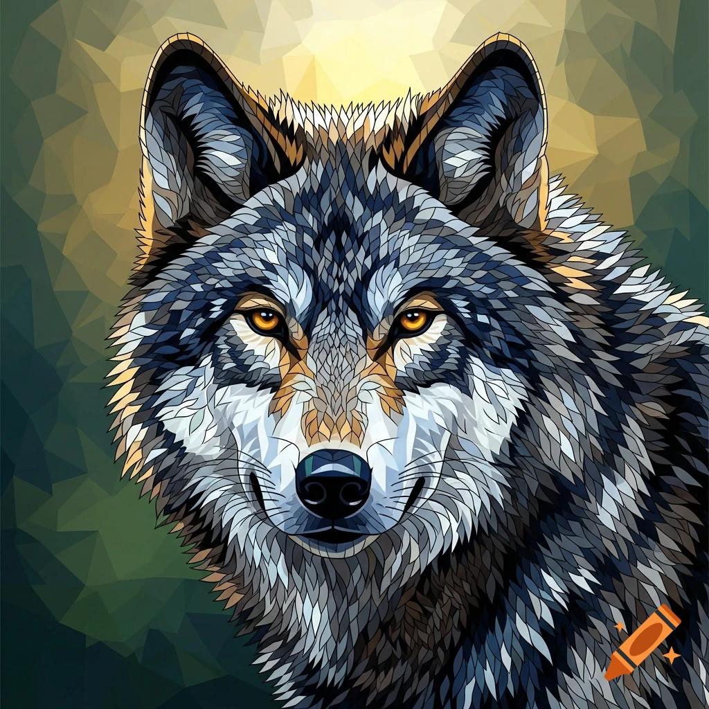 Close-up of a wolf's head in a mosaic or stained-glass art style, with a warm, geometric background.
