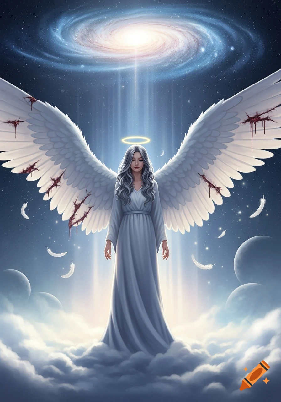 An ethereal angel with large, white, bloodied wings and a halo stands on clouds beneath a galaxy and starry night sky.