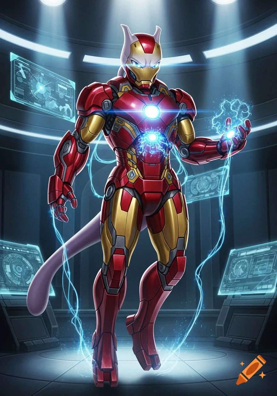 Mewtwo, in red and gold Iron Man armor, stands in a futuristic lab, generating blue energy from hands and chest.