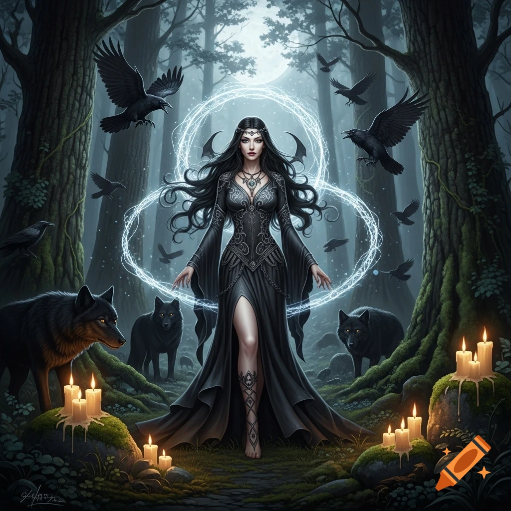 A gothic woman in a dark forest, surrounded by black wolves, ravens, and glowing magical energy, with burning candles. Fantasy art.