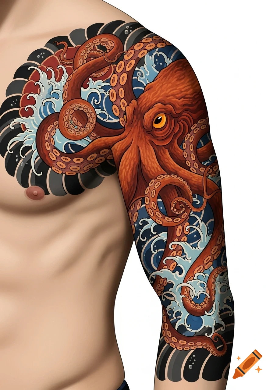 A colorful Japanese-style tattoo of a red octopus and blue waves covering a man's arm and chest.