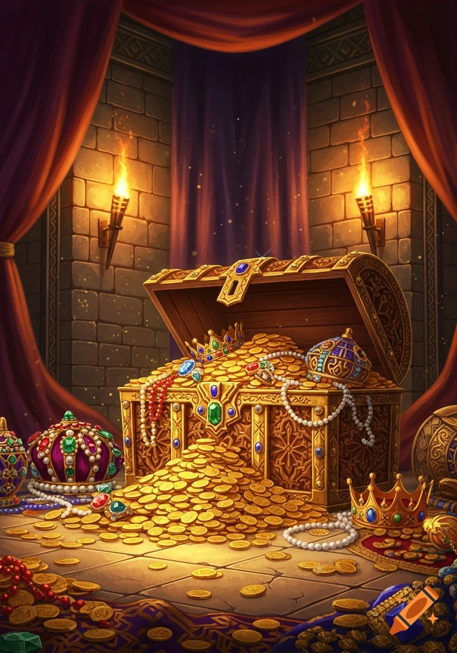 An ornate treasure chest overflows with gold coins, crowns, and jewels, illuminated by torches in a chamber with rich red drapes.