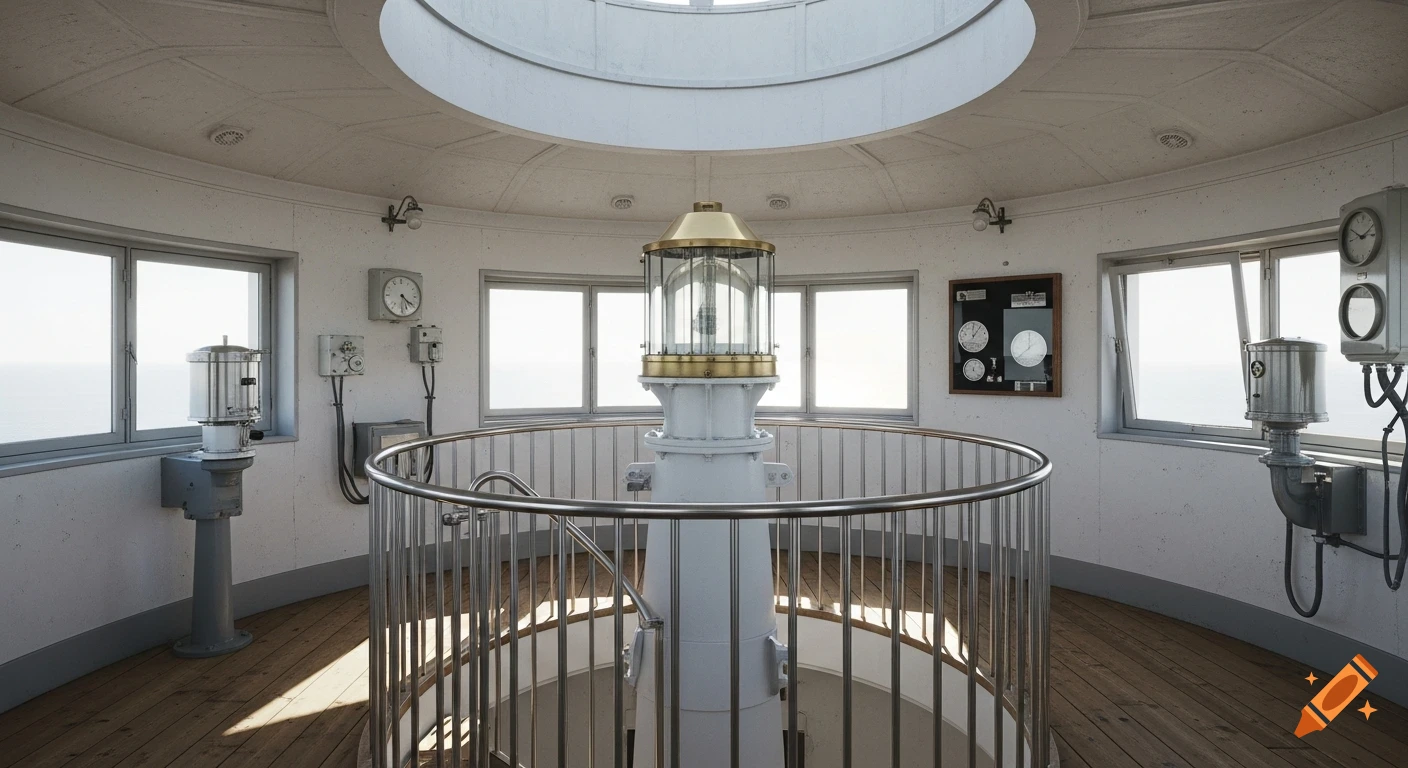 Interior of a modern lighthouse watchtower with a central brass and glass lantern, surrounded by windows overlooking the sea. Wooden floor and white walls with instruments.