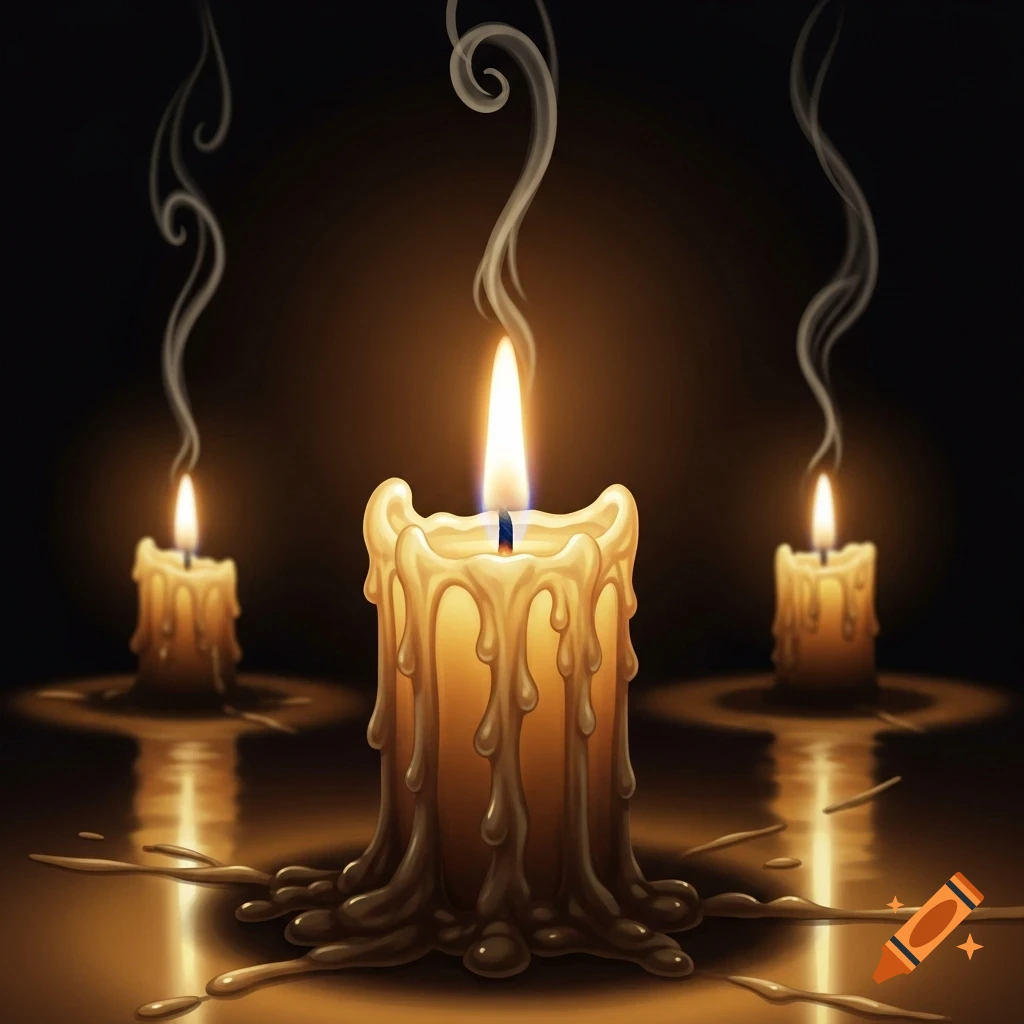 Three lit candles, one large in the foreground, with melted wax and rising smoke, against a dark background.