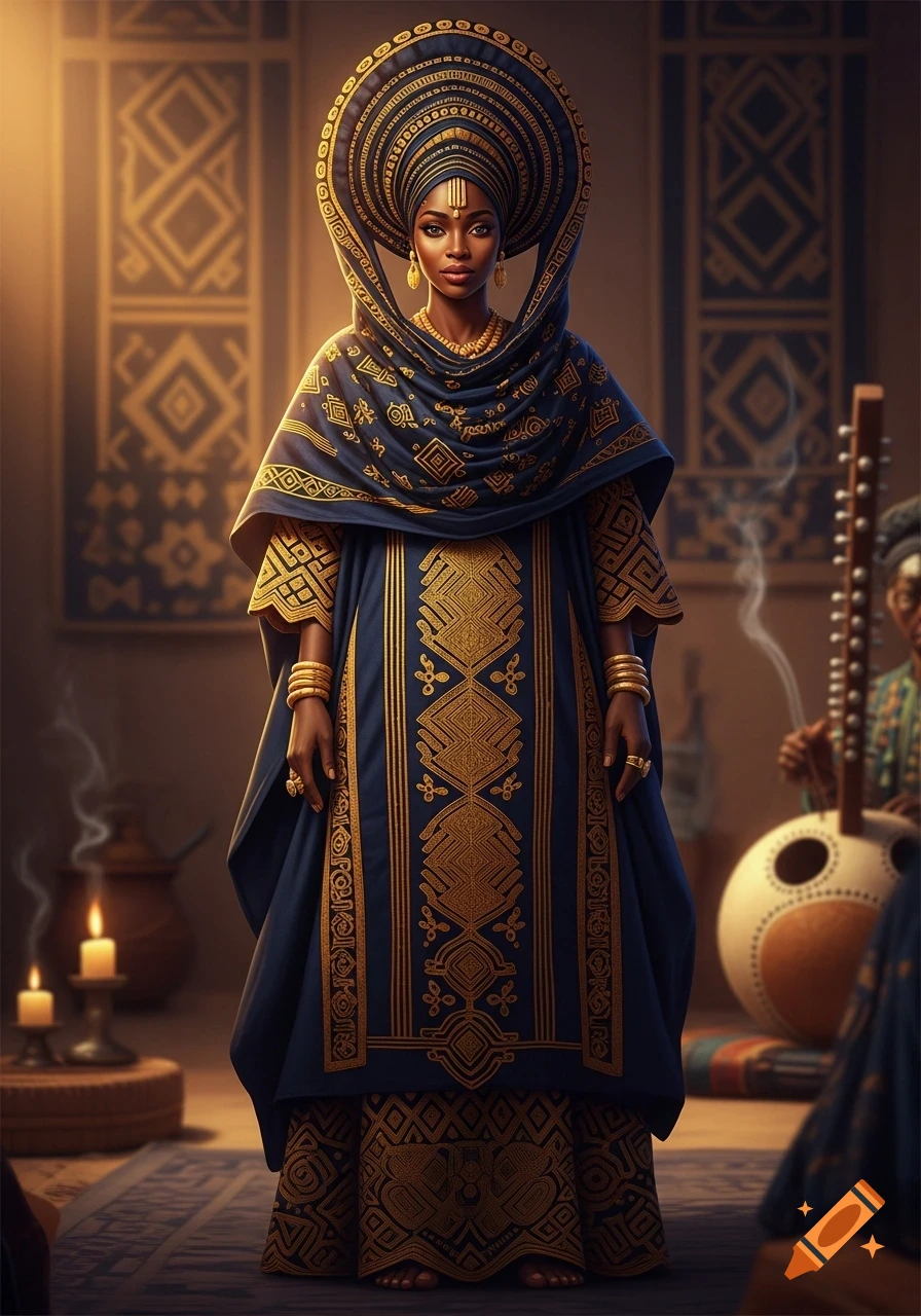 A beautiful African woman in an ornate blue and gold traditional gown and headpiece stands in a warmly lit room.