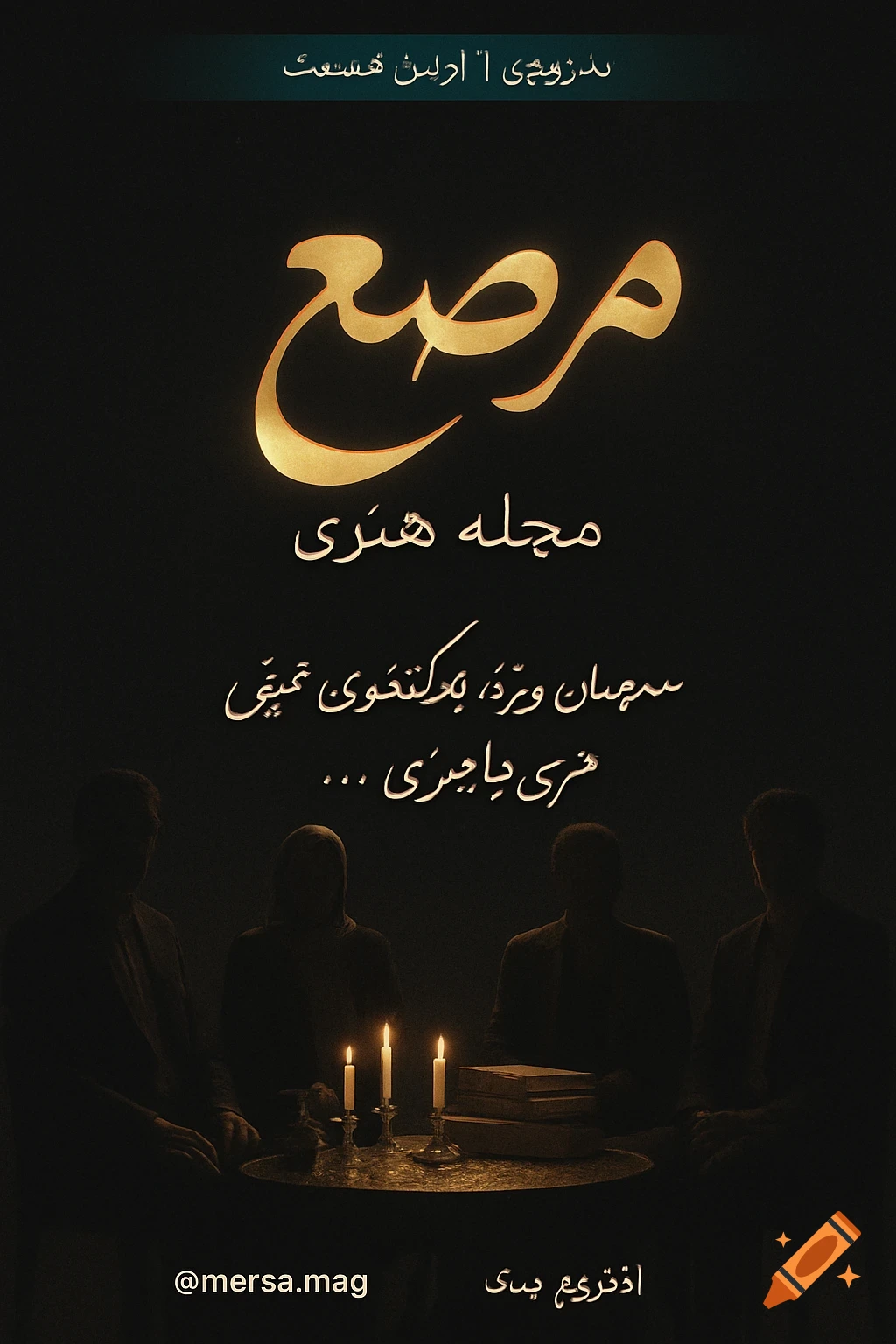 A dark, artistic Instagram story with golden Persian calligraphy 'Mersa' and 'Art Magazine' text, above silhouettes of four people around a candlelit table, with 'Coming Soon | First Episode' at the top and '@mersa.mag' at the bottom left.